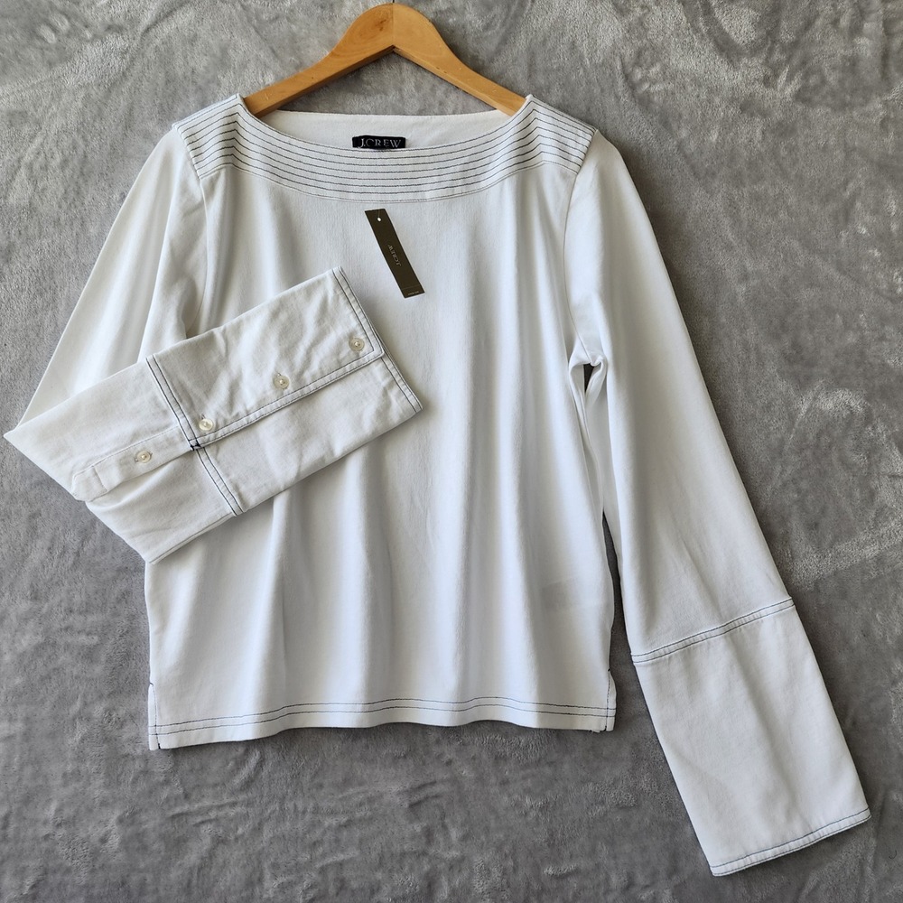 J.Crew Top Womens Size Medium White Cotton Boatneck Navy Contrast Stitching NWT